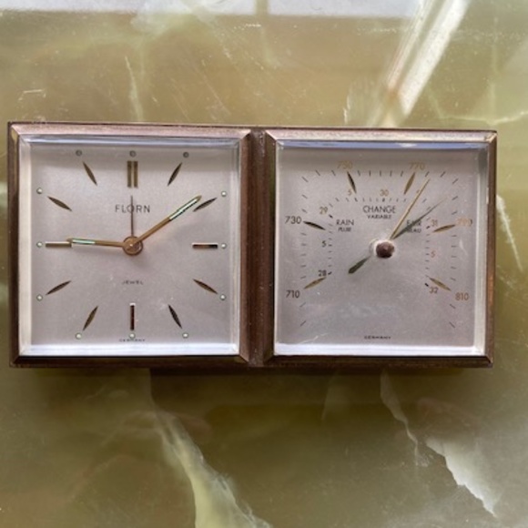 Florn solid brass  vintage  50s alarm clock and barometer  Very Rare  ex.cond. - Picture 2 of 8